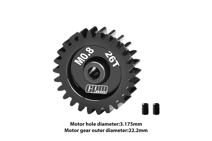 A black GPM Racing 26T 0.8 module pinion gear with two small grub screws on a white background.