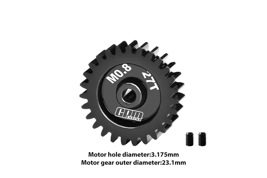 A black GPM Racing 27T 0.8 module pinion gear with two grub screws, shown on a white background with text indicating dimensions.