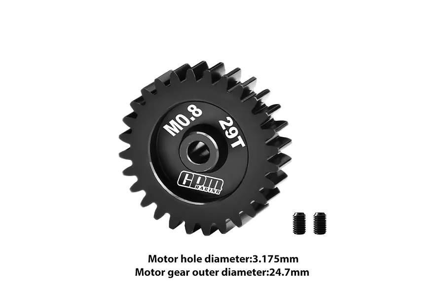 A black GPM Racing 29T 0.8 module pinion gear with two small grub screws on a white background.