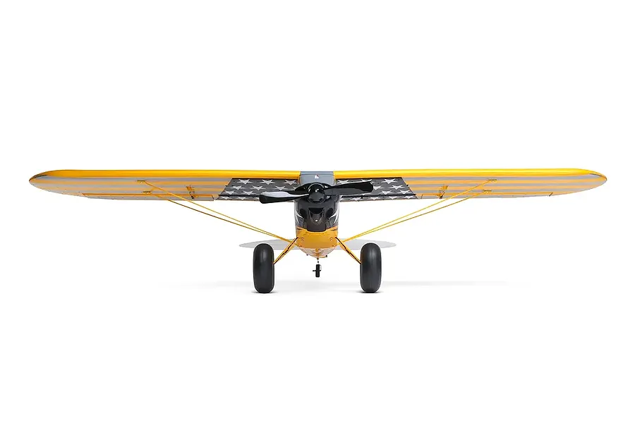 Front view of the HobbyZone Carbon Cub S 2 1.3m RC plane in Cleetus McFarland livery with yellow wings, black fuselage, and star patterns.