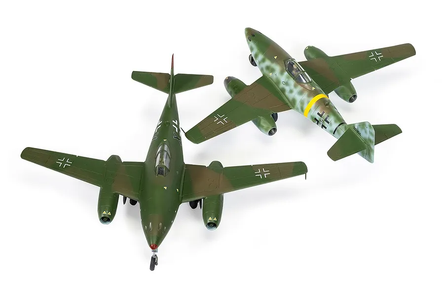 Two assembled and painted 1/72 scale Messerschmitt Me 262 model aircraft on a white background.