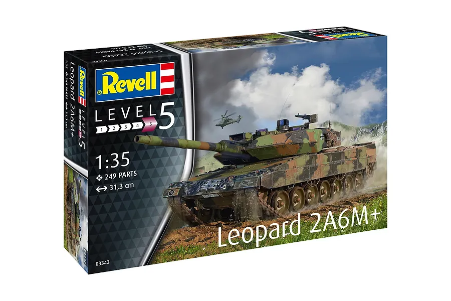 Revell 1/35 scale Leopard 2A6M+ tank plastic model kit box showing a finished tank model in a field.