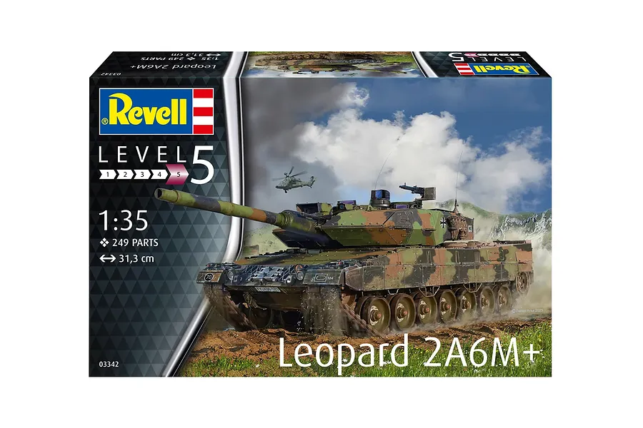 Revell 1/35 scale Leopard 2A6M+ tank plastic model kit box art showing a camouflaged tank in a field with a helicopter in the background.