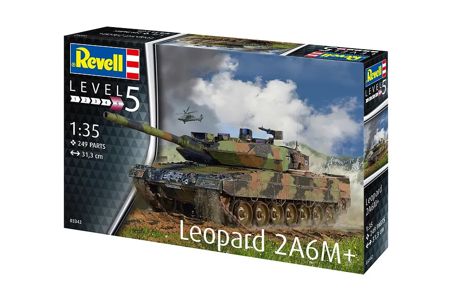 Revell 1/35 scale Leopard 2A6M+ tank plastic model kit box showing a camouflaged tank in a field with a helicopter in the background.