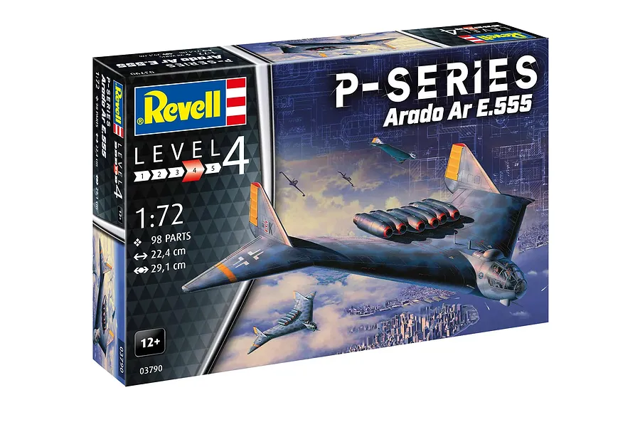 Revell 1/72 scale Arado Ar E.555 P-Series bomber plastic model kit box showing artwork of the aircraft in flight over a city.