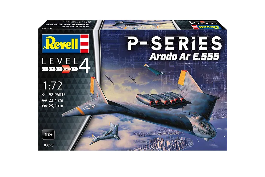 Revell 1/72 scale Arado Ar E.555 P-Series bomber plastic model kit box art showing the aircraft in flight over a city.
