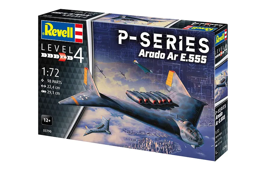 Revell 1/72 scale Arado Ar E.555 P-Series bomber plastic model kit box showing artwork of the aircraft flying over a city.