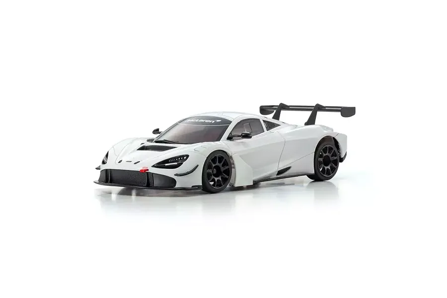 A white Kyosho Mini-Z McLaren 720S GT3 RC car viewed from a front three-quarter angle against a white background.