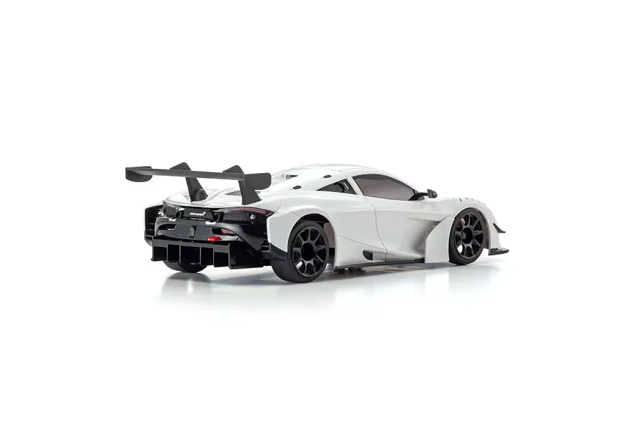 Rear three-quarter view of a white Kyosho Mini-Z McLaren 720S GT3 RC car on a white background.