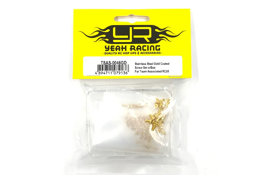 Yeah Racing gold-plated stainless steel screw set for Team Associated RC28 in original retail packaging.