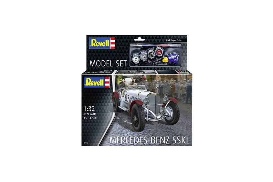 Revell 1/32 scale Mercedes-Benz SSKL model kit box featuring a white vintage race car with red fenders and included paints and glue.