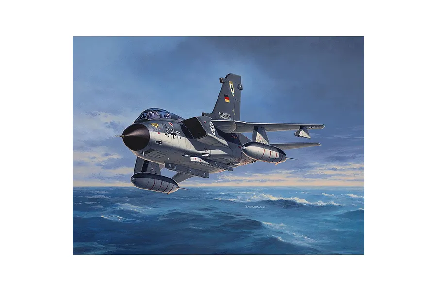 An artistic illustration of a German Marine Panavia Tornado fighter jet flying over a choppy ocean under a cloudy sky.