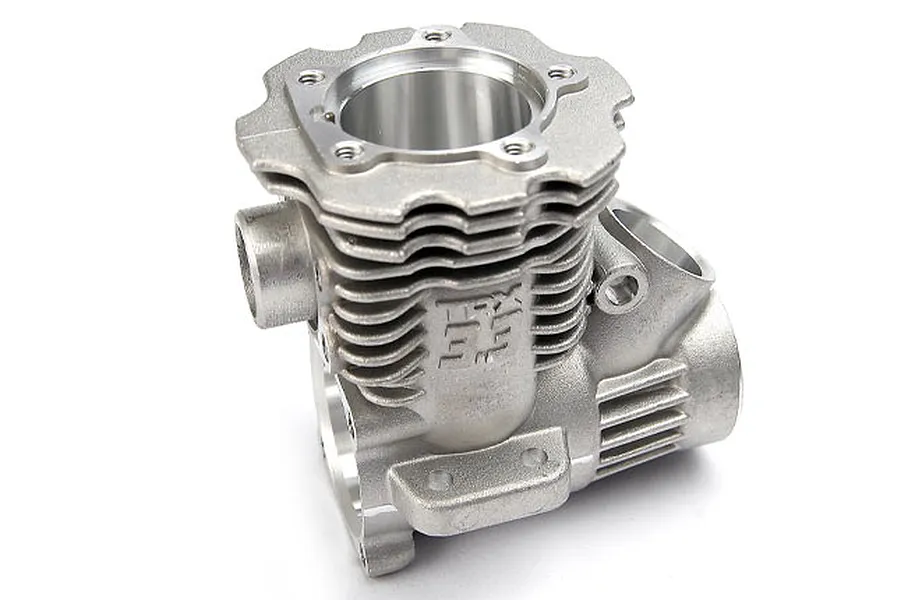 A silver Traxxas TRX 3.3 nitro engine crankcase spare part shown from a high angle against a white background.