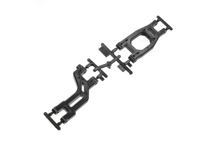 Two black plastic RC car suspension arms still attached to their plastic sprue frame.