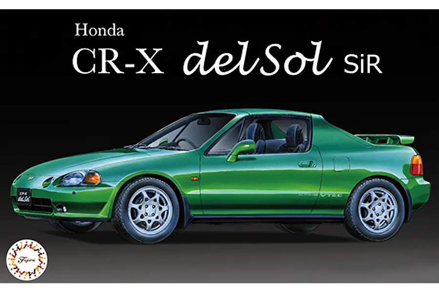 An illustration of a green Honda CR-X delSol SiR on a black background, featuring the car model name in white text above.