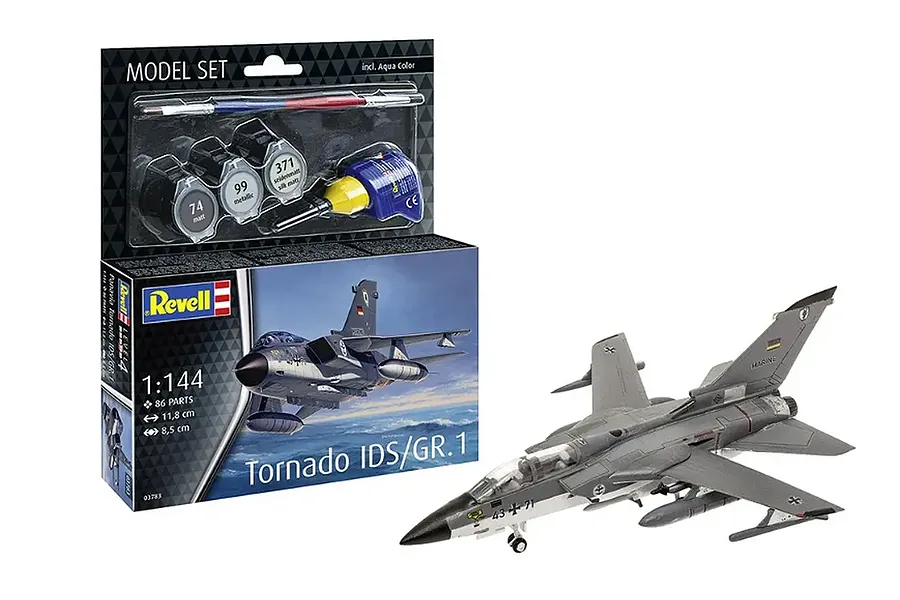 Revell 1/144 scale Panavia Tornado IDS/GR.1 model kit box and a fully assembled, painted model aircraft on a white background.
