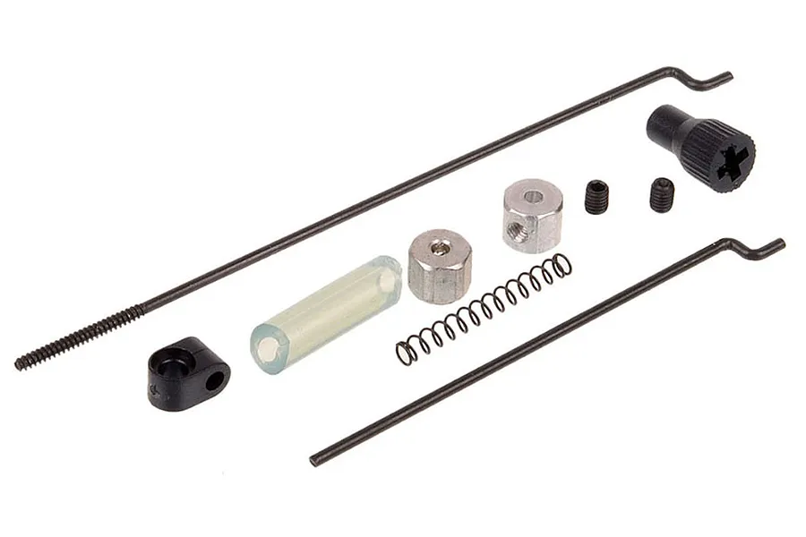 HSP throttle linkage set including metal rods, plastic connectors, a spring, and small screws on a white background.