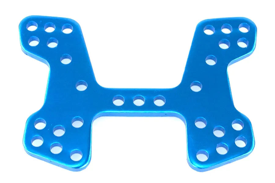 A blue anodised aluminium front shock tower for an RC car, featuring multiple mounting holes for suspension adjustment.