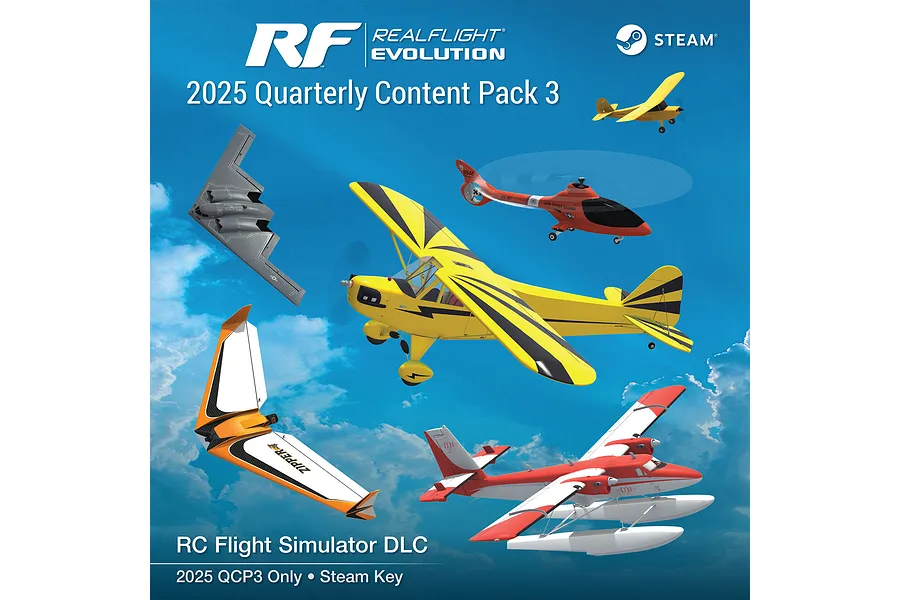 Promotional graphic for RealFlight Evolution 2025 Quarterly Content Pack 3, featuring various RC aircraft models flying against a blue sky background.