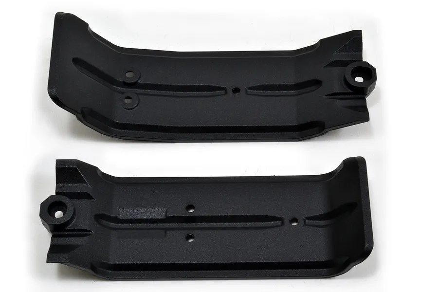 Two black RPM RC skid plates for front and rear chassis protection, shown from a top-down perspective on a white background.
