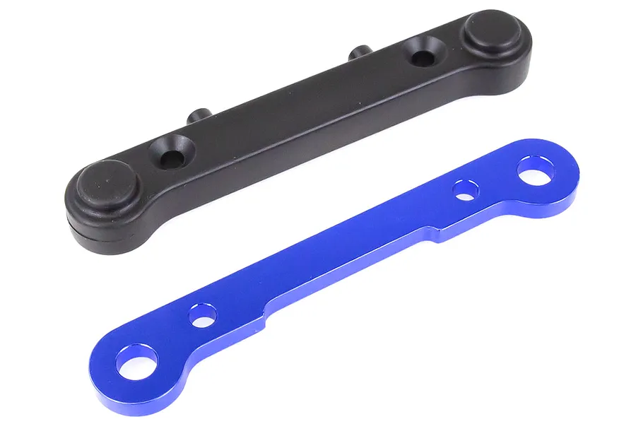 A black plastic suspension arm mount and a blue anodized aluminium suspension arm mount plate on a white background.