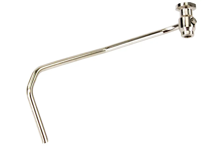 A silver-colored metal RC exhaust mount wire with a mounting bracket attached to one end, isolated against a white background.