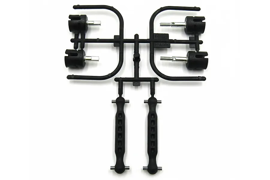Tamiya RC spare parts tree containing wheel axles, driveshaft cups, and suspension arms on a white background.