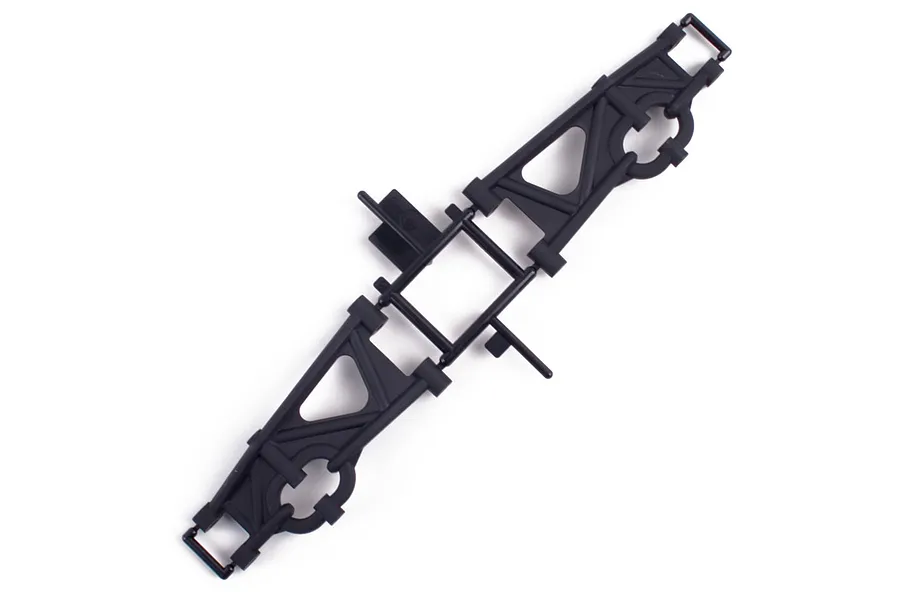 A pair of black plastic RC rear lower suspension arms still attached to their plastic sprue frame on a white background.