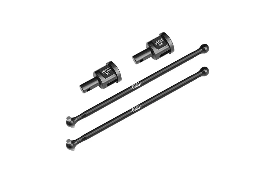 A set of four GPM Racing black carbon steel RC drivetrain components, including two long driveshafts and two differential output cups on a white background.