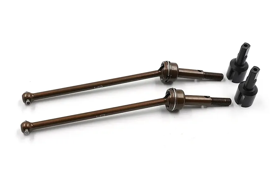 A set of two brown steel CVD driveshafts and two black steel cup joints for an RC car on a white background.