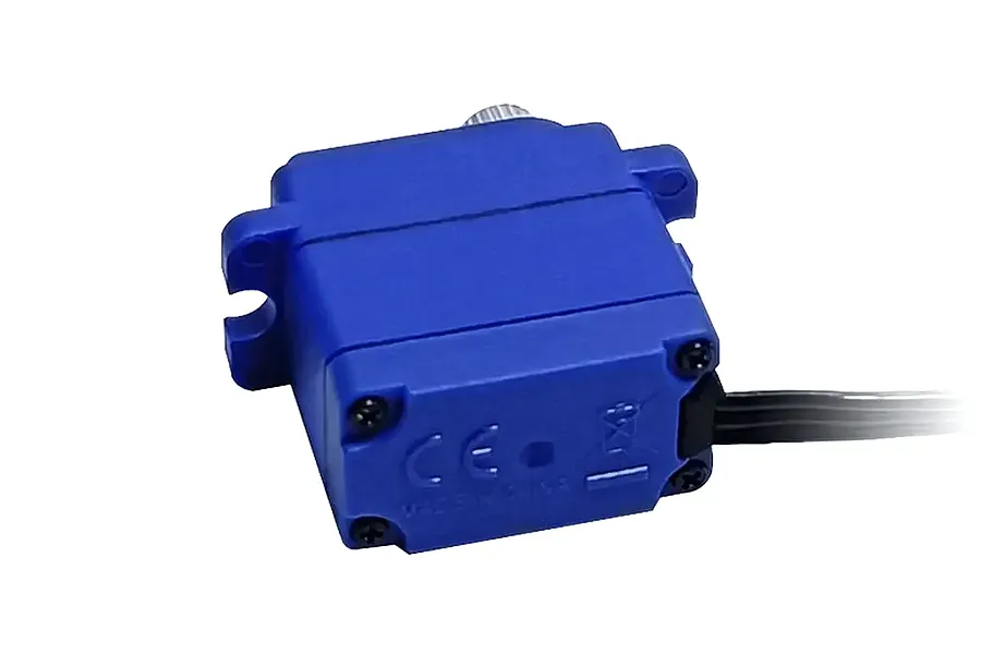 A blue Power HD micro servo with a metal output gear and black wiring, shown from the rear angle against a white background.