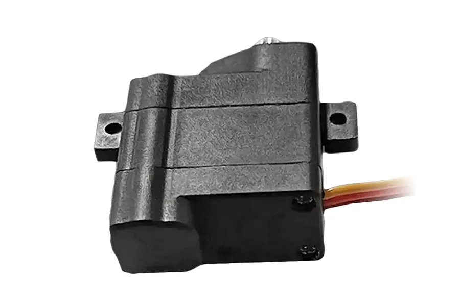 A black micro servo motor with a three-wire connector cable against a white background.