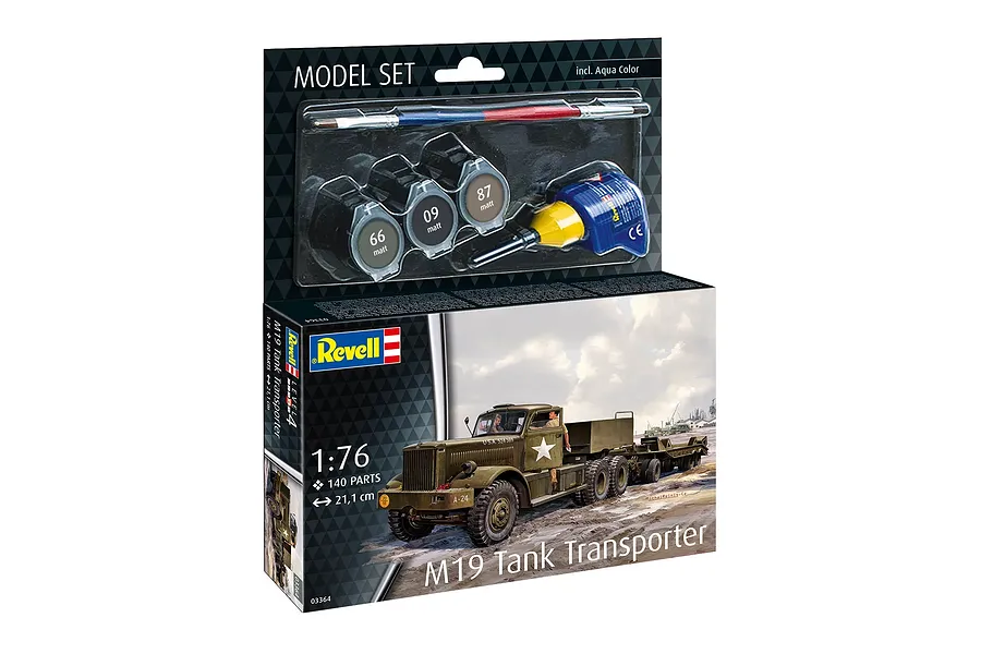 Revell 1/76 scale M19 Tank Transporter plastic model kit box, including paint pots, glue, and a paintbrush.