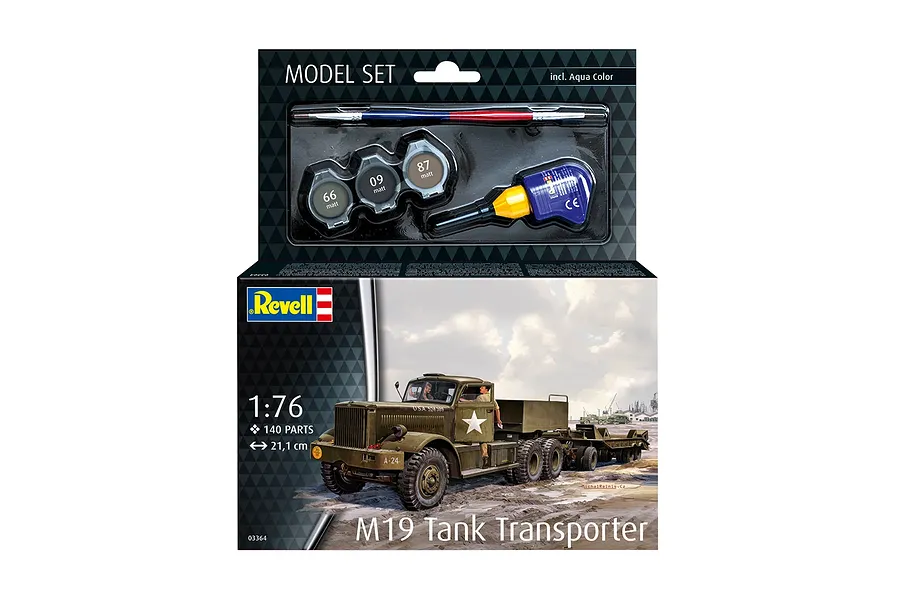 Revell 1/76 scale M19 Tank Transporter model kit box, featuring a painted illustration of the military vehicle and included paint and glue accessories.