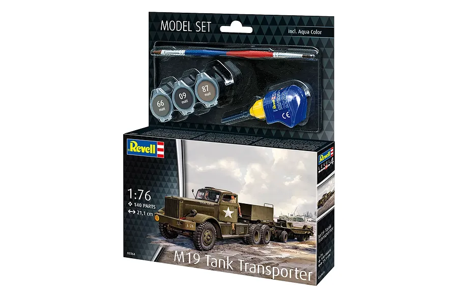 Revell 1/76 scale M19 Tank Transporter model kit box, including paints, glue, and a brush, displayed against a white background.