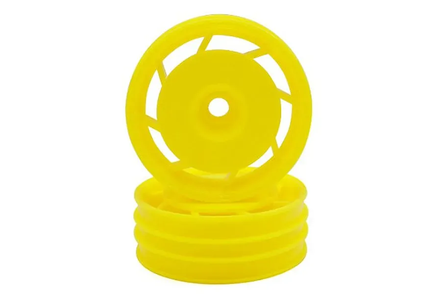 Two bright yellow RC car front rims stacked on top of each other against a white background.