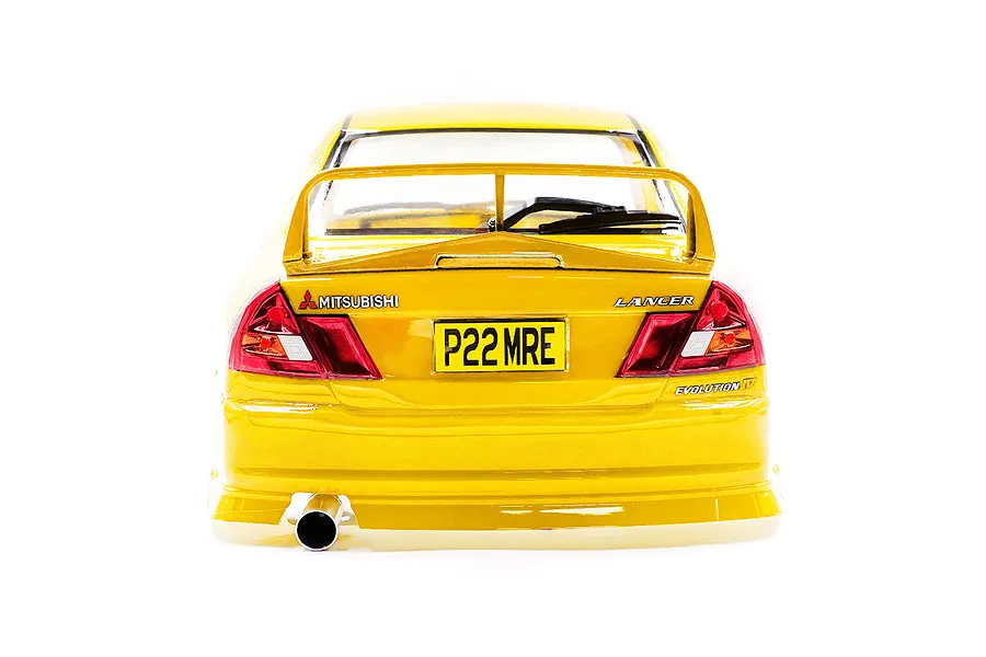 Rear view of a yellow 1/10 scale Mitsubishi Lancer Evolution IV RC car body shell featuring a rear spoiler, exhaust pipe, and detailed taillights.