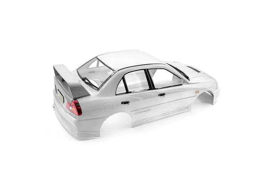 A white 1/10 scale Mitsubishi Lancer Evolution IV RC car body shell viewed from the rear three-quarter angle against a white background.