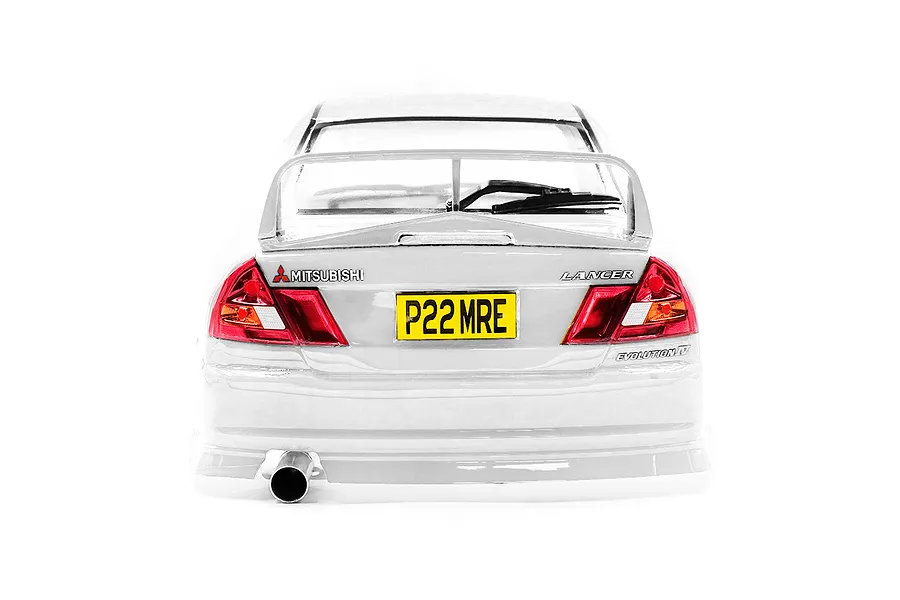 Rear view of a 1/10 scale white Mitsubishi Lancer Evolution IV RC car body shell featuring a rear spoiler, exhaust pipe, and yellow license plate.