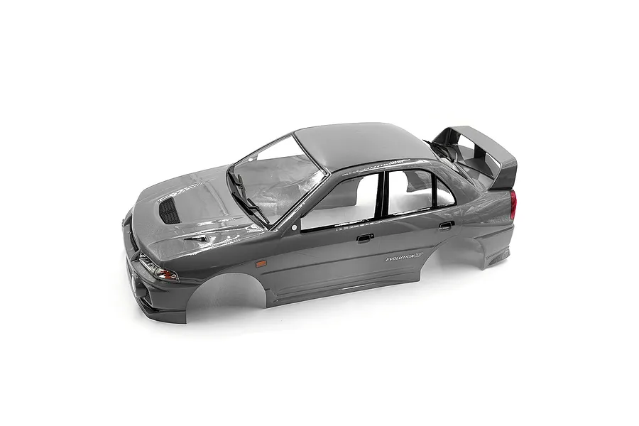 A silver painted 1/10 scale RC Mitsubishi Lancer Evo IV body shell shown from a high angle against a white background.