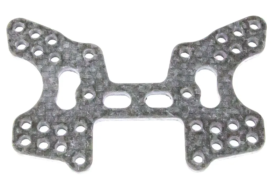 A flat, grey carbon fibre rear shock tower for an RC car with multiple mounting holes and slots, isolated on a white background.