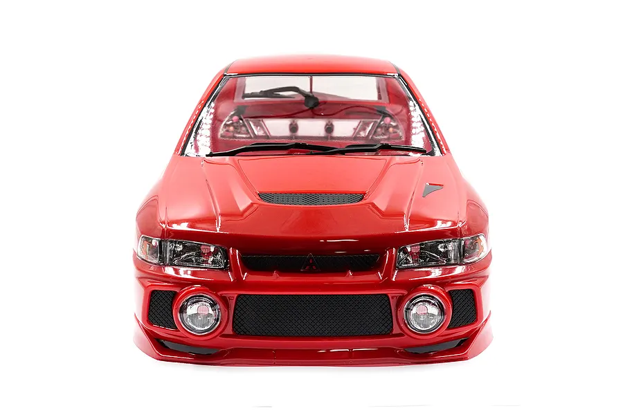 Front view of a red 1/10 scale Mitsubishi Lancer Evo IV RC car body shell with detailed headlights, grille, and windshield wipers.