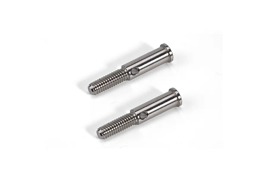 Two GPM Racing medium carbon steel wheel axles for RC cars, shown against a plain white background.