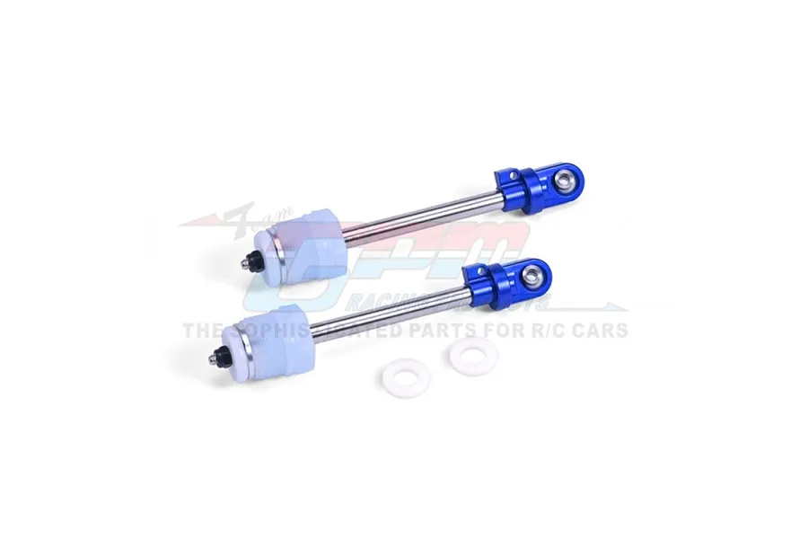 Two GPM Racing blue aluminium and steel RC shock absorber shafts with white plastic components and two small white washers on a white background.