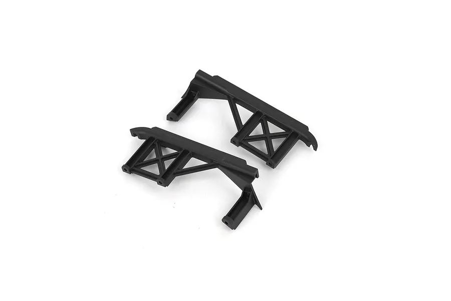 Two black plastic side step or rock slider components for an RC vehicle, shown from an angled perspective on a white background.