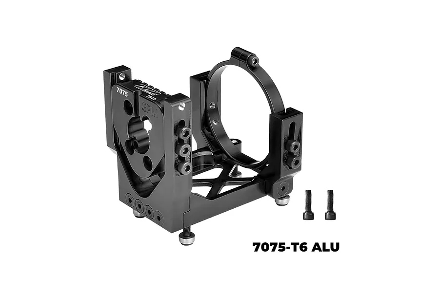 A black GPM Racing aluminium oversized motor mount and base for RC cars, shown with two small mounting screws on a white background.