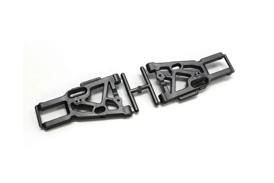 Two black plastic RC front lower suspension arms connected by a sprue tree on a white background.