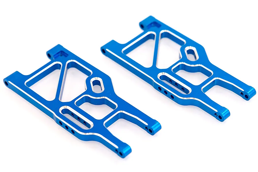A pair of blue anodized aluminium rear lower suspension arms for an HSP RC car, featuring a machined skeletonized design on a white background.