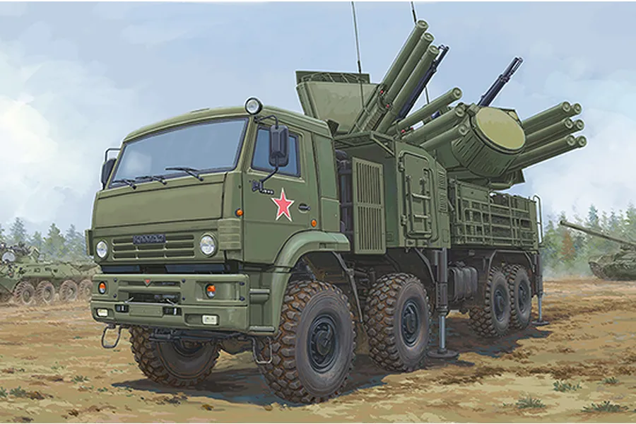 Box art illustration of a green Russian Pantsir-S1 air defense truck with missile launchers, set in a field with other military vehicles.