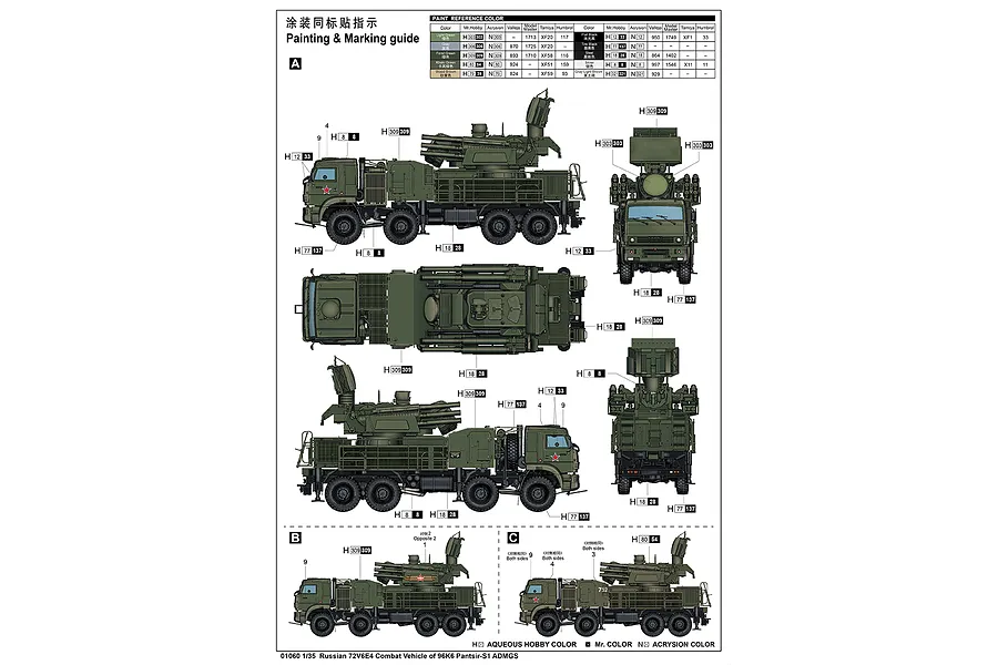 Painting and marking guide for a 1/35 scale Trumpeter Russian 96K6 Pantsir-S1 model kit, showing multi-view technical illustrations and a paint reference table.